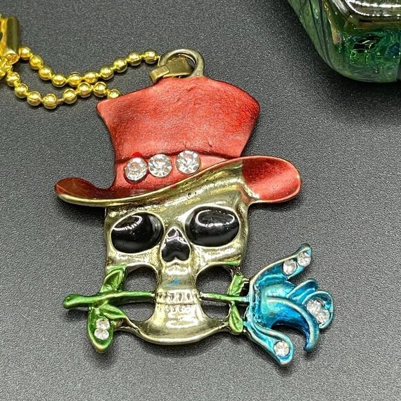 Grinning Skull with Rose and Top Hat Skeleton Necklace / Pendant #869 (red hat) - Picture 4 of 10